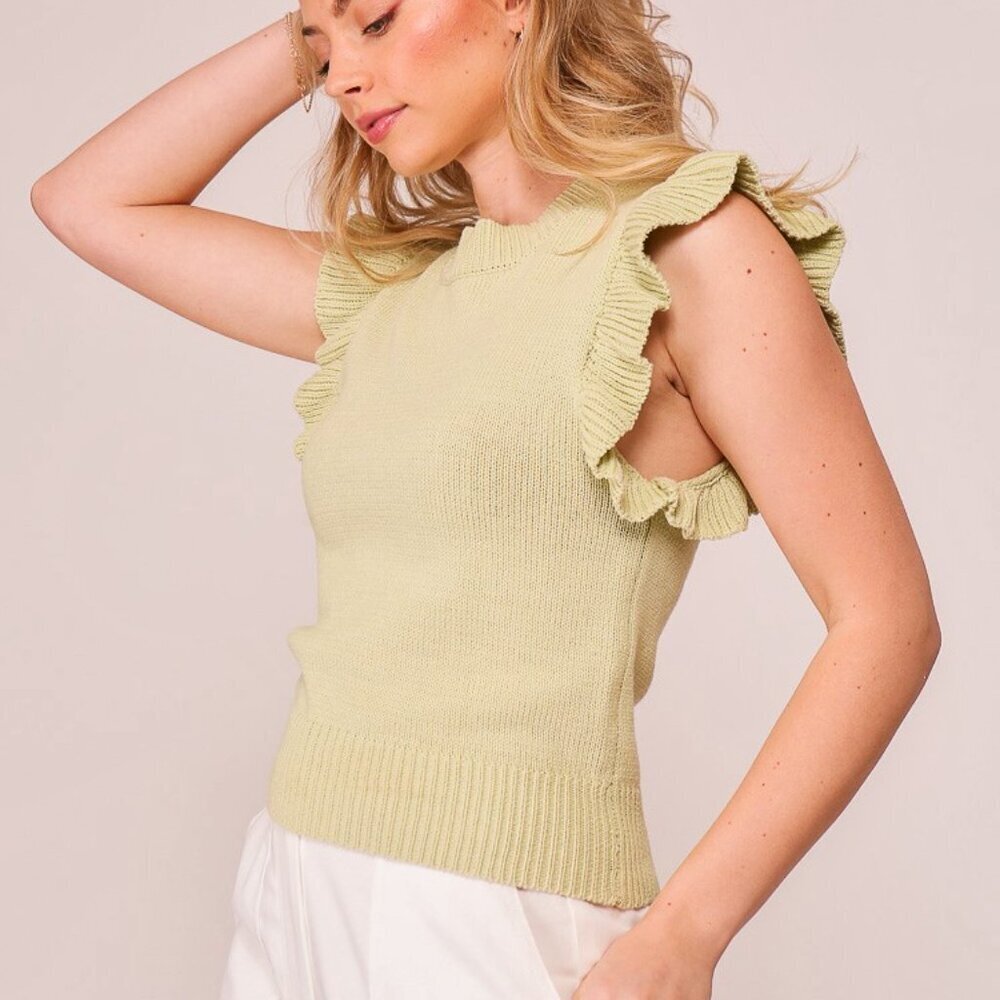 Lumiere Pale Green Ruffle Sleeve Knit Sweater Vest Top Feminine Summer Layer - Picture 3 of 6